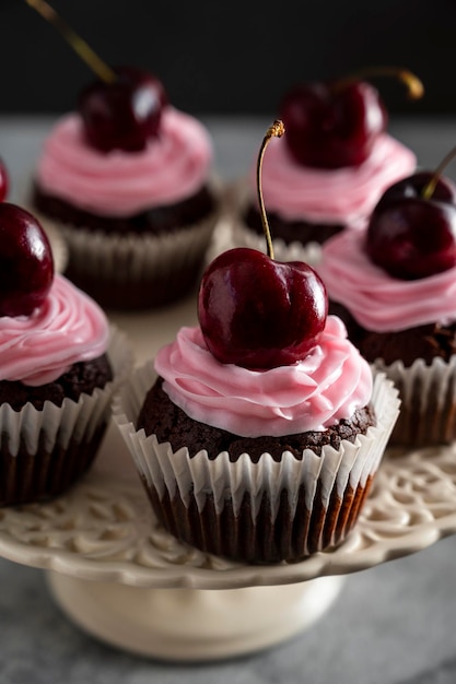 Petits gâteaux au chocolat avec des cerises fraîches et de la crème rose sur le stand de gâteau Beau dessert Fond sombre