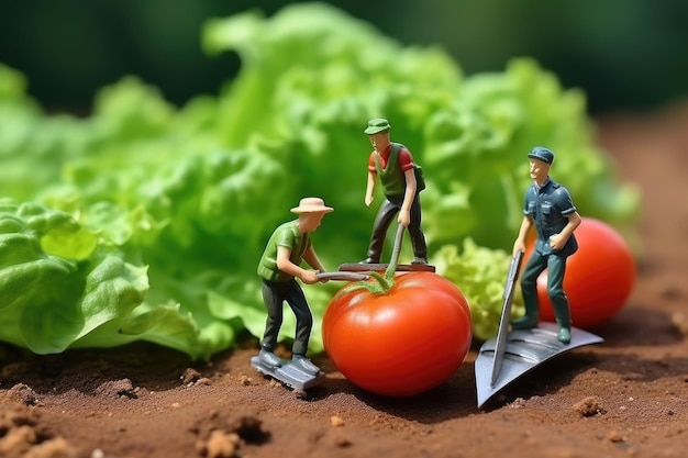 Les petits gens font de la nourriture, cueillent des fruits et des légumes.