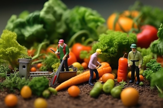 Les petits gens font de la nourriture, cueillent des fruits et des légumes.