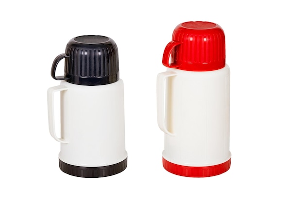 Petits Et Grands Thermos Sur Fond Blanc