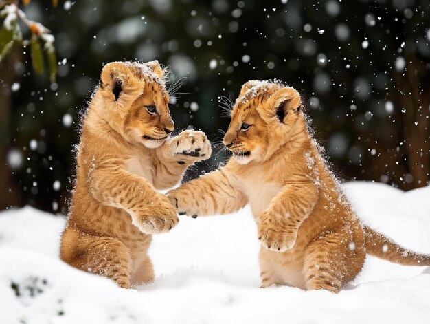 Photo des petits lions jouant dans la neige dans la forêt d'hiver.