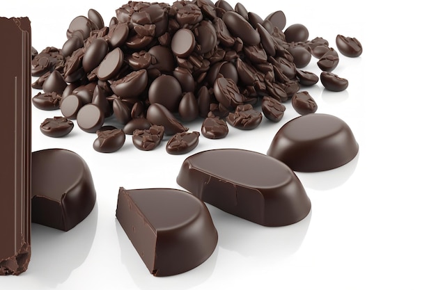Petits morceaux de chocolat noir isolés avec un chemin de détourage sur fond blanc Ensemble ou regroupement