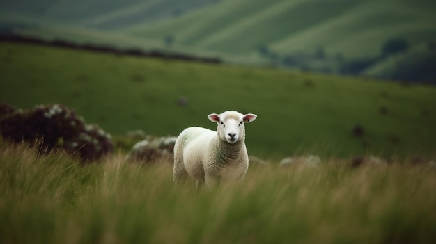 Petits moutons blancs errant autour des collines ondulées générées par l'IA