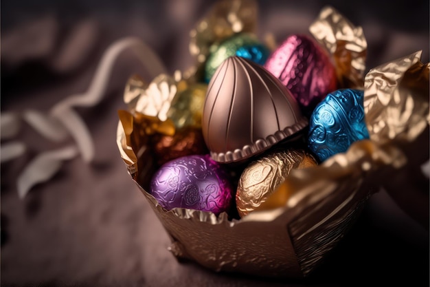 Petits oeufs de pâques dans du papier de couleur chocolat au lait à l'intérieur du panier lors de la célébration de pâques