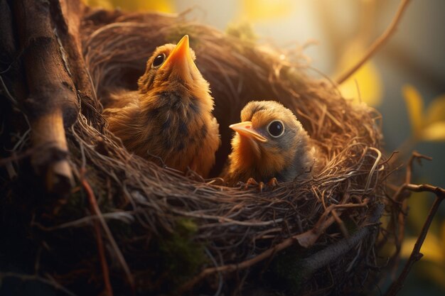 Des petits oiseaux dans le nid sur le fond de la nature