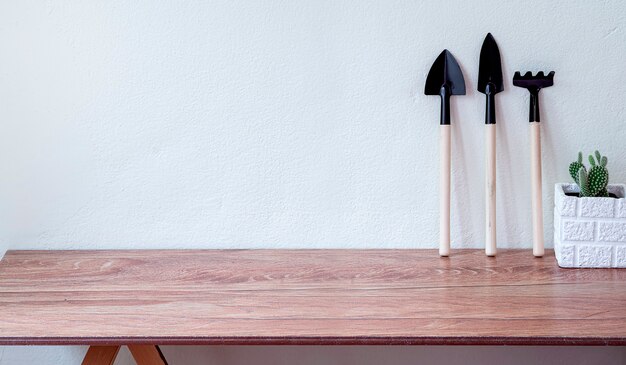 Petits outils de jardin et un pot blanc de cactus vert sur table en bois