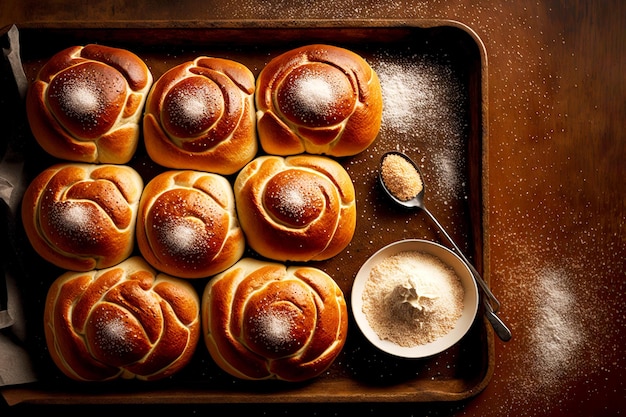 Photo petits pains à la cannelle sugar poy sur une plaque à pâtisserie pain cuit au four