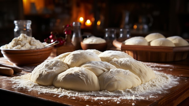 des petits pains faits maison avec des raisins secs et de la cannelle sur une table en bois