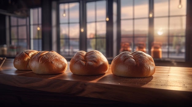 Petits pains frais sur une table en bois dans une boulangerie produits de boulangerie