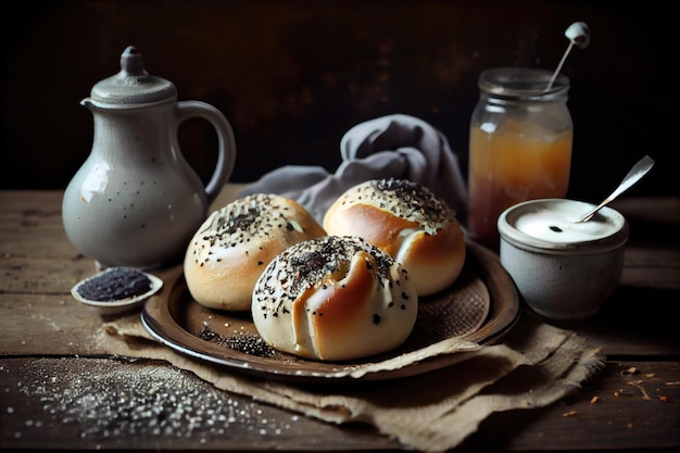 Petits pains maison aux graines de pavot avec confiture succulente et glaçage au lait