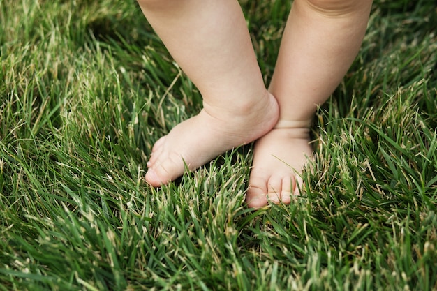 Petits Pieds De Bébé Sur L'herbe Verte