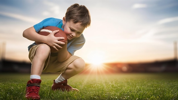 Photo petits pieds de garçon tenant un football sur un terrain d'herbe