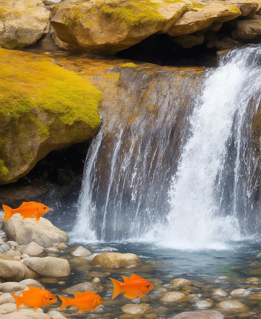 Les petits poissons jouent dans la cascade.