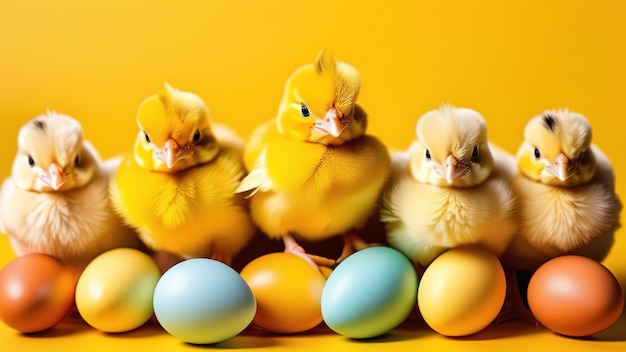 Photo petits poulets avec des œufs de pâques arrière-plan bannière oiseaux de printemps poussins mignons moelleux volailles