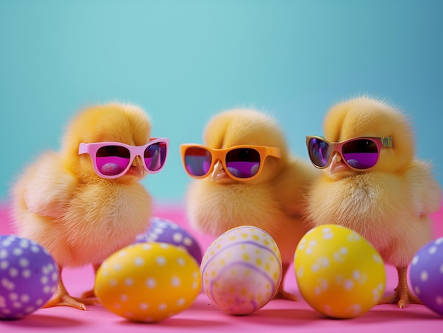 Petits poussins jaunes dans des lunettes de soleil avec des œufs de Pâques sur un fond bleu