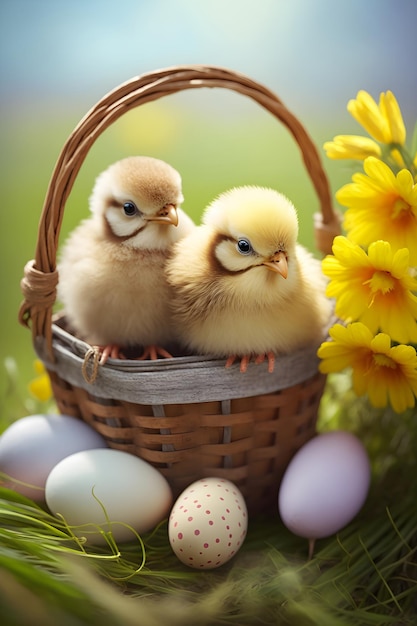 Petits poussins jaunes dans un panier Oeufs de Pâques et fleurs printanières sur fond vert AI générative