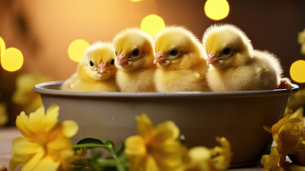 Petits poussins mignons dans un seau jouant à la maison une scène affectueuse capturant la joie et le confort de la mignonneur de la ferme