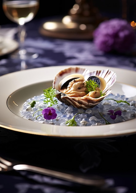 Pétoncle cuit en coquille avec garniture florale sur assiette AI Generated