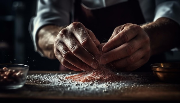 Le pétrissage à la main de la pâte sur la table préparant du pain fait maison pour le repas généré par l'intelligence artificielle