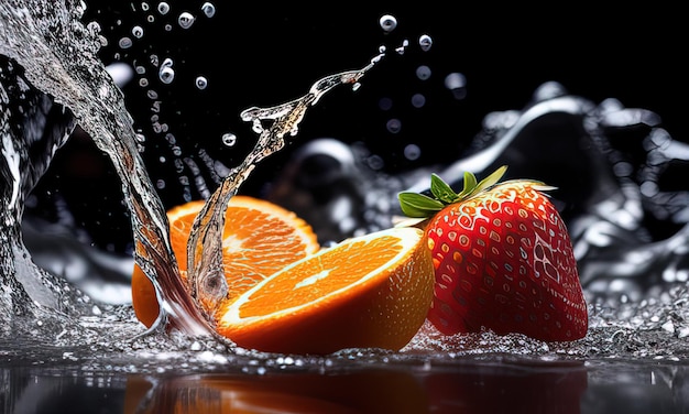 Un peu d'eau avec une fraise et des oranges