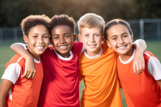 Photo peu d'enfants heureux divers joueurs de football génèrent ai