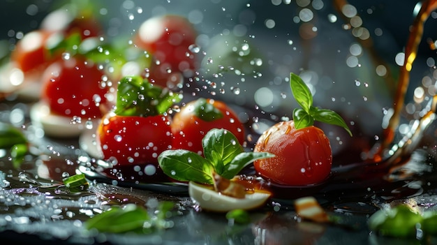 Photo un peu de vinaigre balsamique sur une salade de caprese avec du basilic flottant