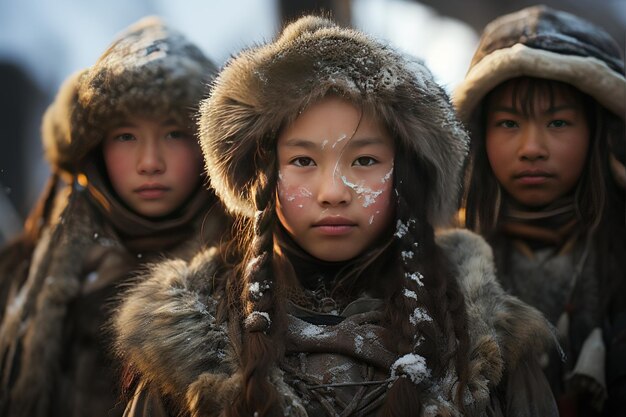 Photo le peuple nenets les éleveurs nomades de rennes de sibérie la toundra arctiquegénérée avec l'ia