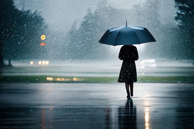 Un peuple avec un parapluie au milieu de fortes pluies au fond de la route