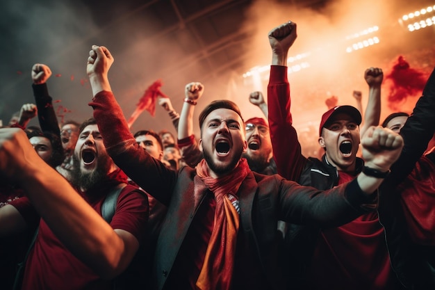 Un peuple qui applaudit le sport et la foule qui applaudit et crie joyeusement sur le terrain de football.