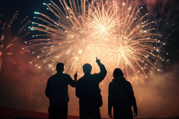 Les peuples en silhouette aiment regarder un feu d'artifice incroyable lors d'un festival ou de vacances