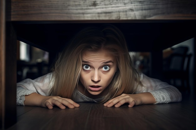 La peur et la vulnérabilité Un portrait d'une fille cherchant refuge sous une table