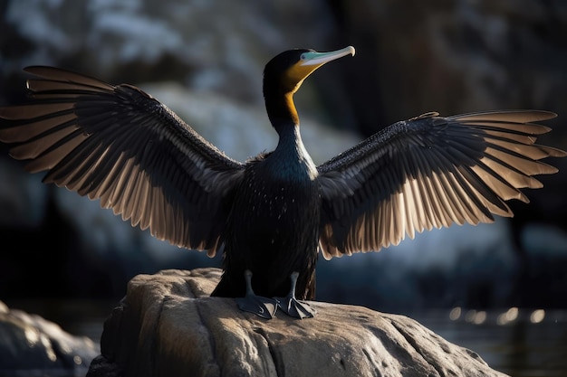 Phalacrocorax perché sur un rocher avec ses ailes déployées IA générative