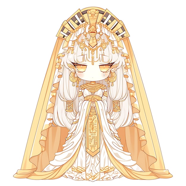 Un pharaon élégant en robe de mariée dorée et blanche avec un autocollant égyptien isolé Art d'anime Kawaii mignon