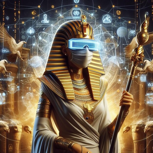 Photo le pharaon portant un casque vr