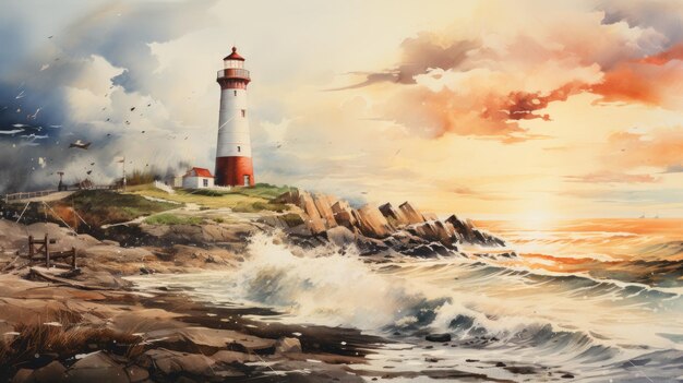 Photo un phare au bord de la mer aquarelle en couches de tons terreux ai génératif