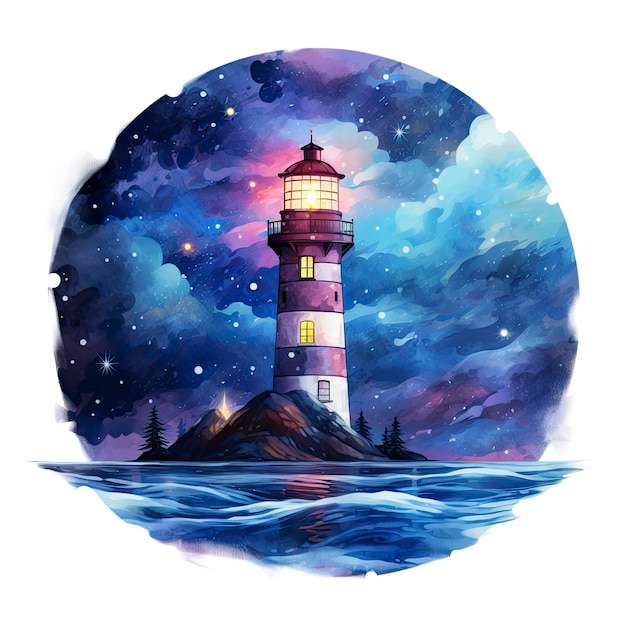 Phare au bord de la mer la nuit aquarelle pour la conception de Tshirt