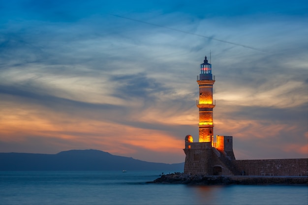 Phare au coucher du soleil, Chania, Crète, Grèce