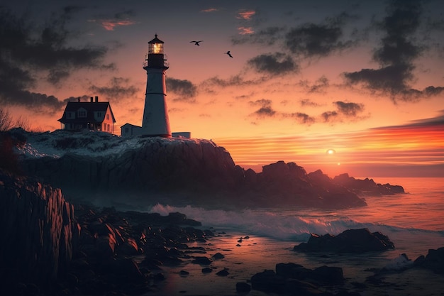 phare au coucher du soleil.