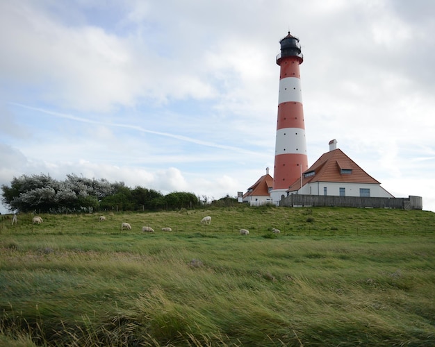 Phare sur le champ contre un ciel nuageux