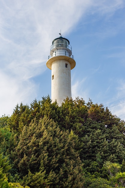 phare sur le ciel bleu nuageux vu à travers les arbres