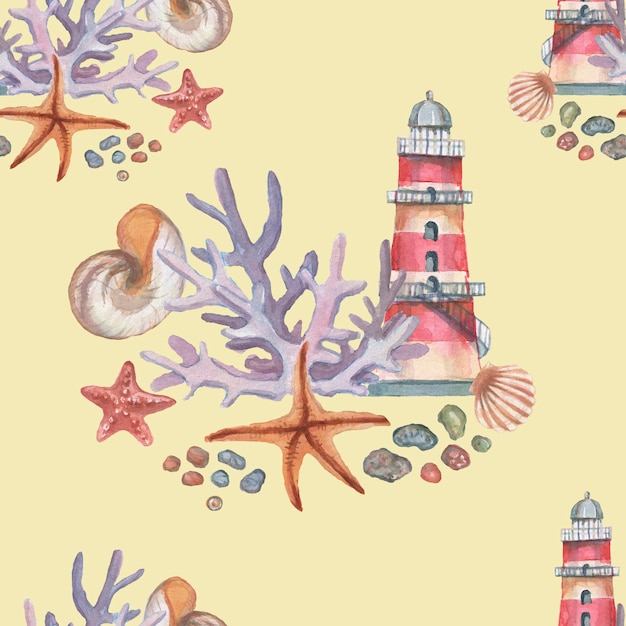 Phare coquillages coraux étoile de mer illustration aquarelle dessinés à la main