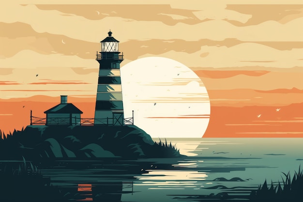 Un phare sur la côte avec un coucher de soleil en arrière-plan.