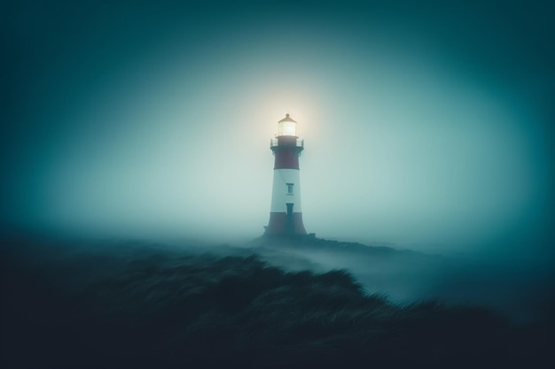 Un phare dans le brouillard avec une lumière dessus