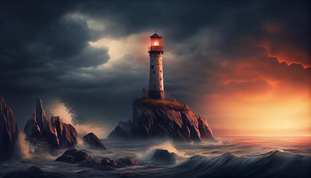 Phare dans le chef de paysage orageux et le concept de vision