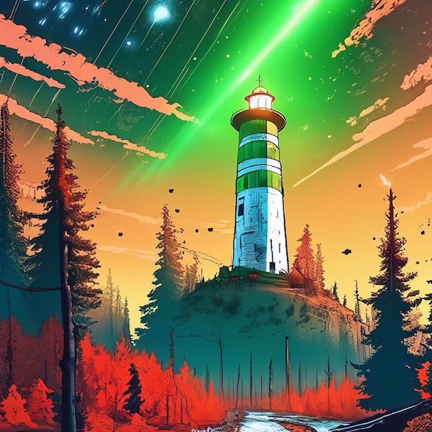 Phare dans la forêt la nuit Illustration colorée pour votre conception