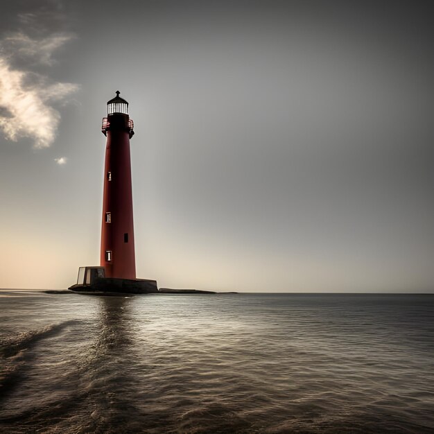 Un phare dans la mer au coucher du soleil