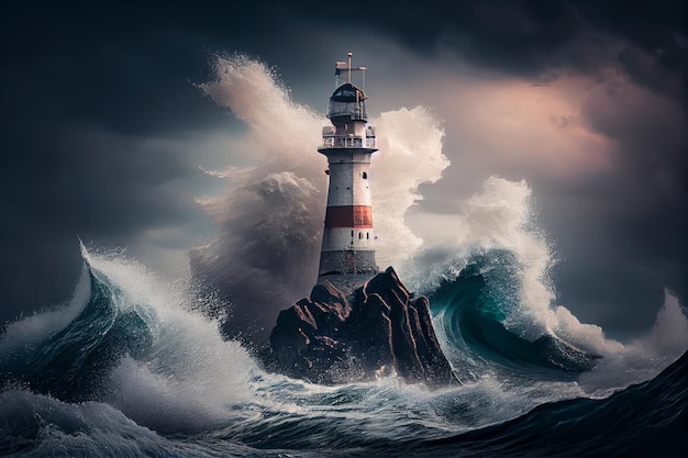 Un phare dans la mer orageuse avec des vagues se brisant sur le dessus.