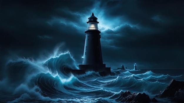 phare dans la nuit étoilée bleue et noire