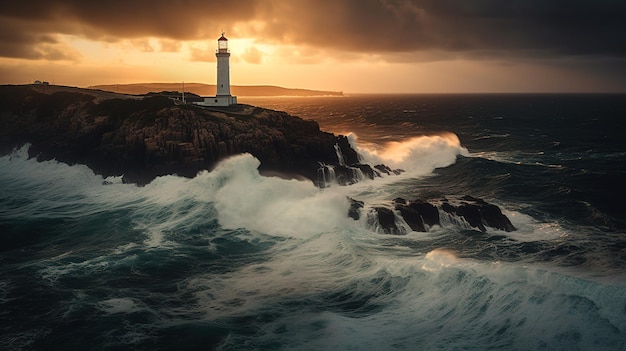 Un phare dans l'océan avec un ciel orageux en arrière-plan