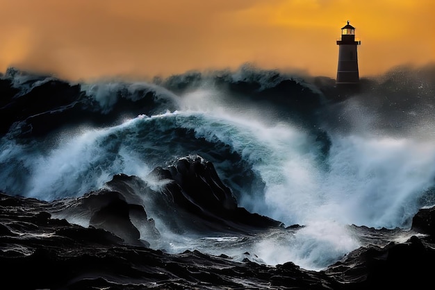 Un phare dans l'océan avec une grosse vague qui s'écrase contre lui